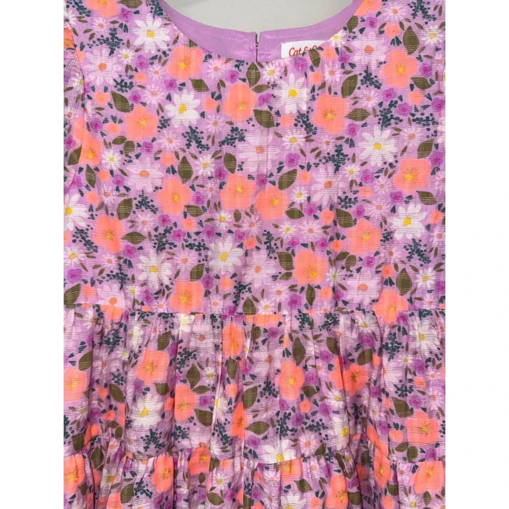 Cat & Jack Girls Floral Dress Purple Orange Puff Sleeve Open Back Size S 6/7